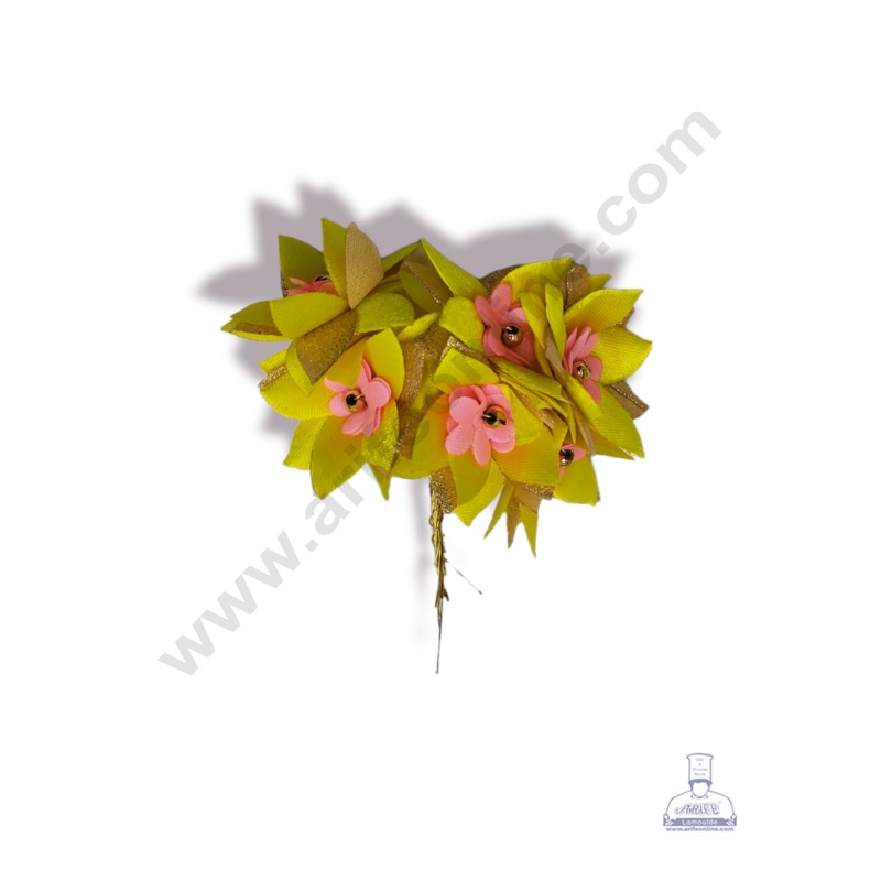 Cake Decor  5 Petal Star Flower With Gold Bead Bunch of 6 Pcs  Pink Yellow & Golden Petal