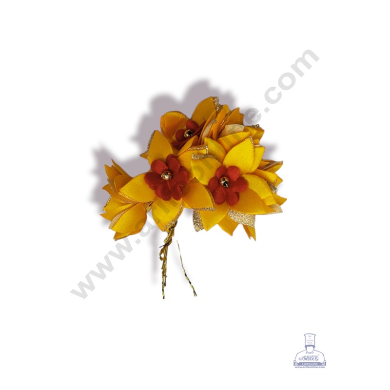 Cake Decor  5 Petal Star Flower With Gold Bead Bunch of 6 Pcs  Red Sunset Yellow & Golden Petal