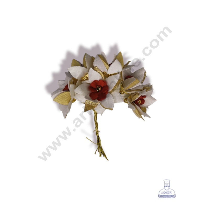 Cake Decor  5 Petal Star Flower With Gold Bead Bunch of 6 Pcs  Red White & Golden Petal