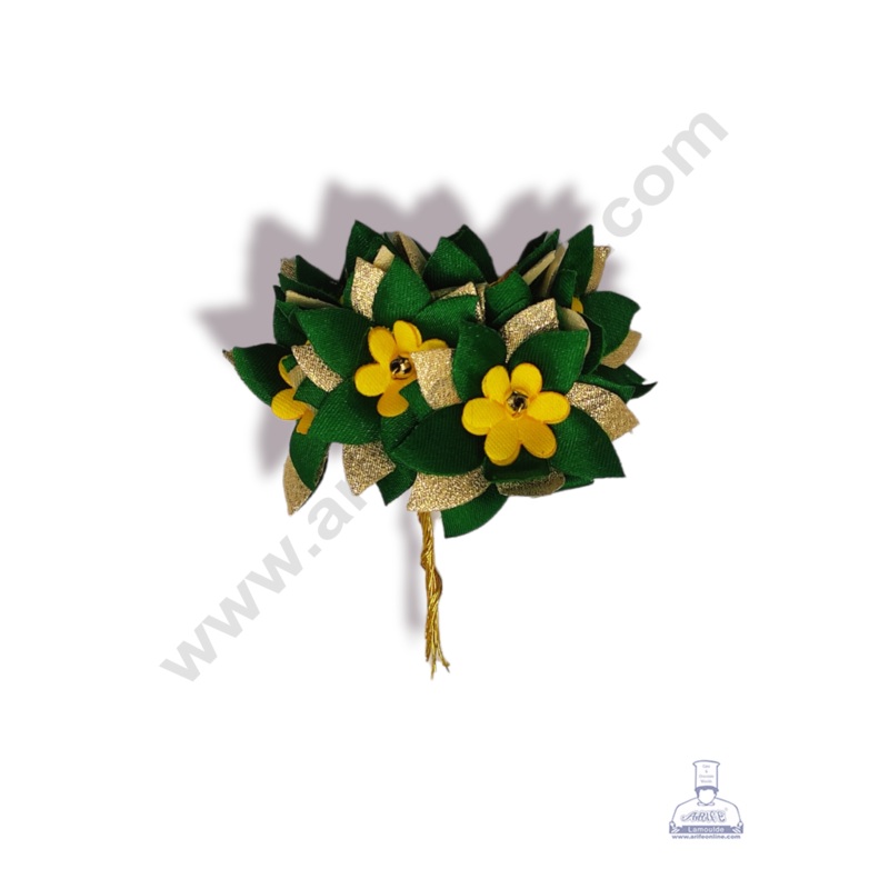 Cake Decor  5 Petal Star Flower With Gold Bead Bunch of 6 Pcs  Yellow Green & Golden Petal
