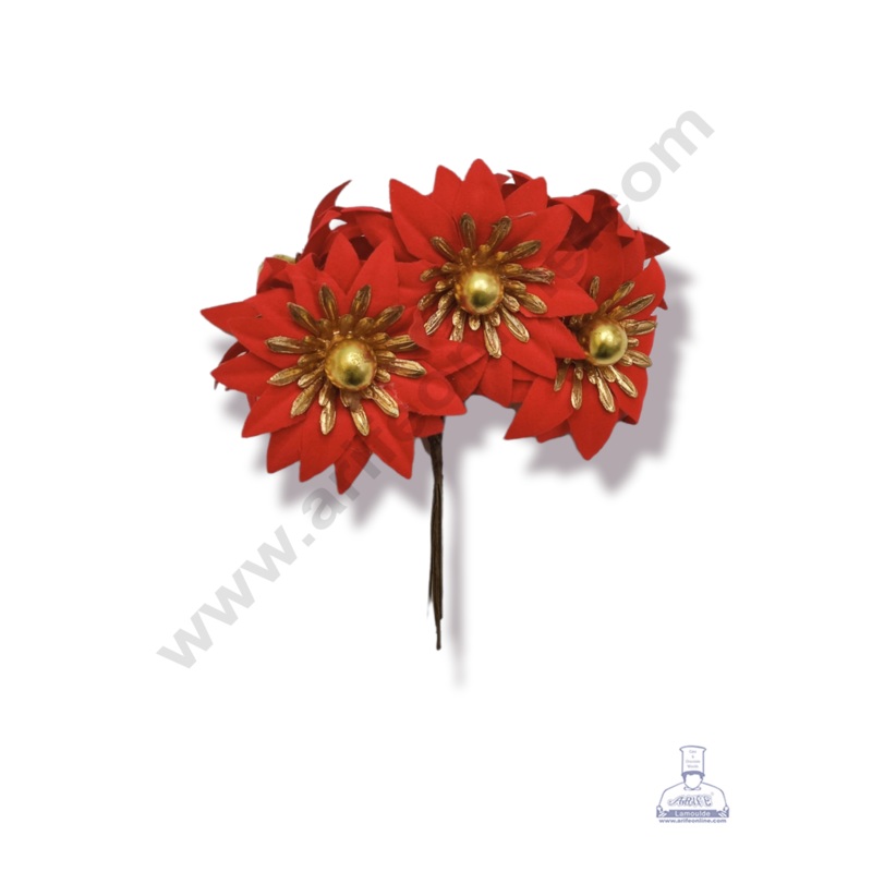 Cake Decor  6 Pcs Medium Red Flower With Gold Bead  Red