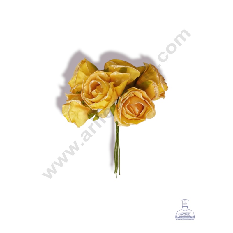 Cake Decor  6 Pcs Shiney Medium Rose Bunch  Yellow