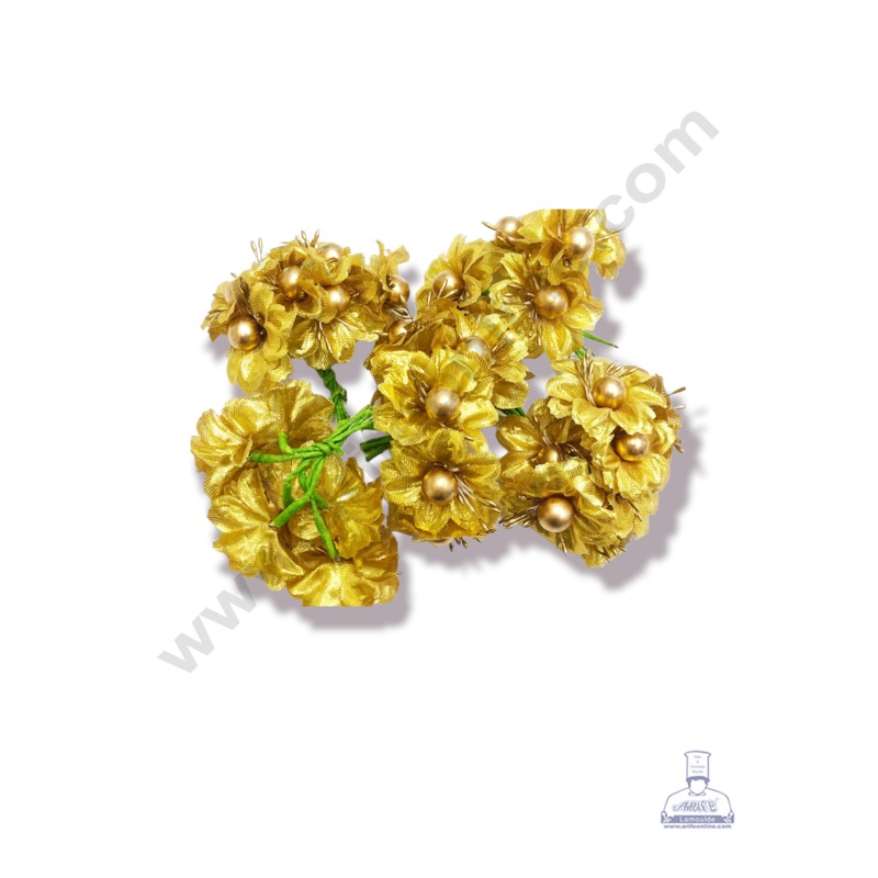 Cake Decor  6 Pcs Small Shiney Gold Flower With Bead and Pollen  Gold