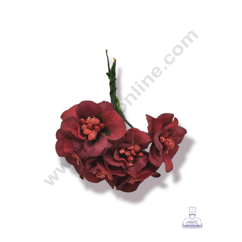 Cake Decor  Medium Blossom Flower With Pollen Bunch of 6 Pcs  Red