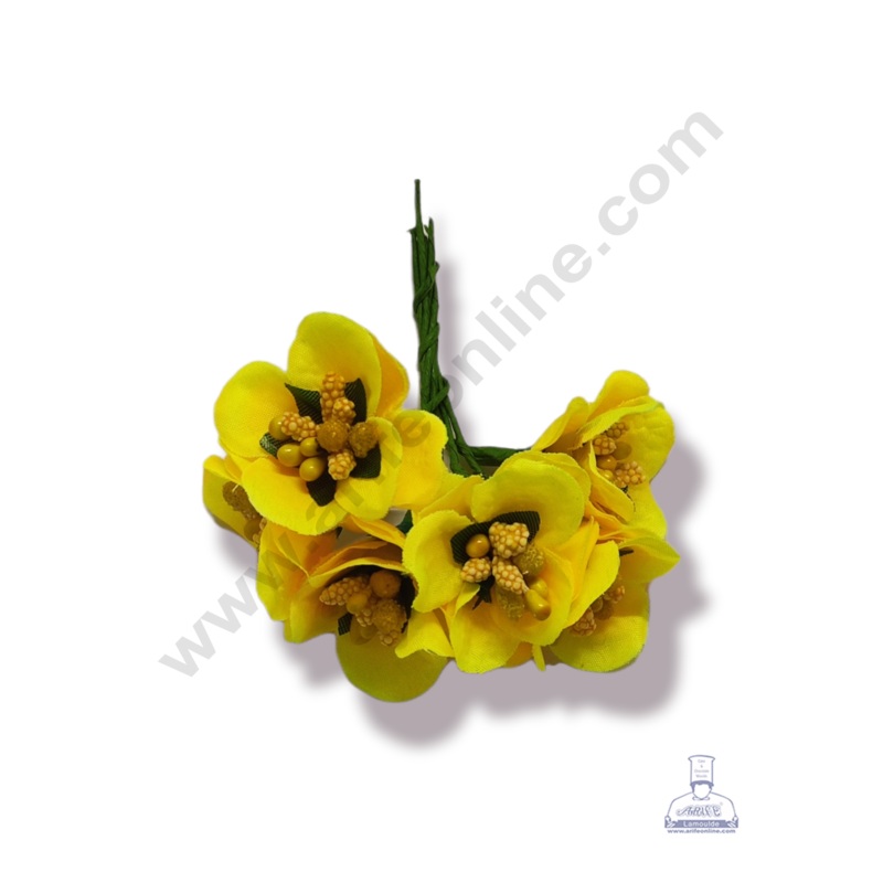 Cake Decor  Medium Blossom Flower With Pollen Bunch of 6 Pcs  Yellow