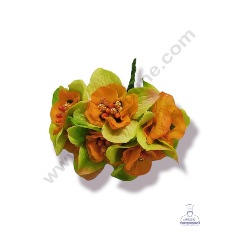 Cake Decor  Medium Leaf Flowers  With Pollen Bunch of  6 Pcs  Orange