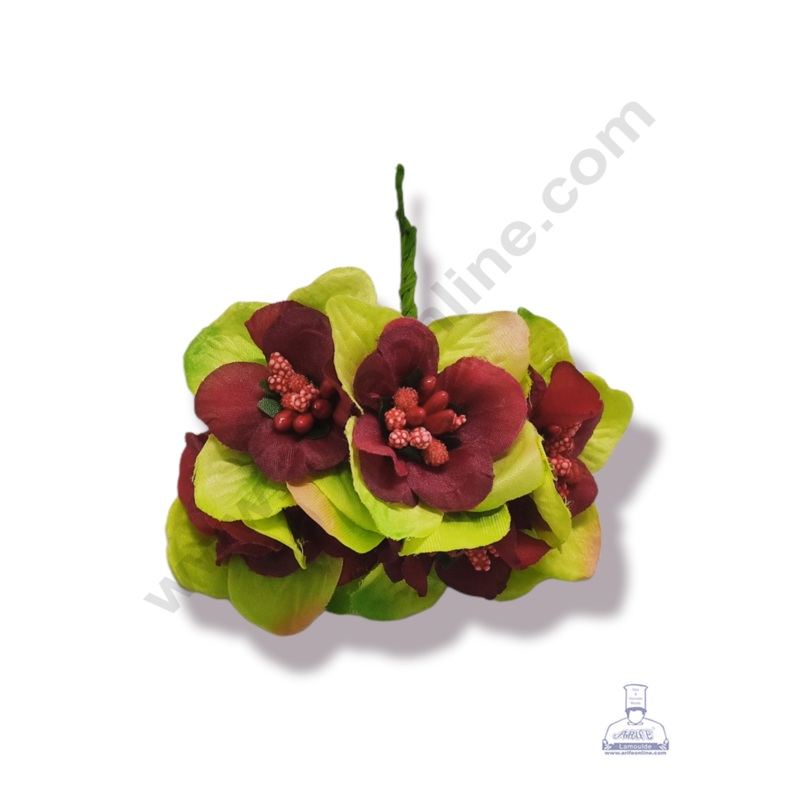 Cake Decor  Medium Leaf Flowers  With Pollen Bunch of  6 Pcs  Red