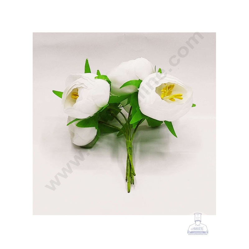 Cake Decor  Medium Peony Artificial Flower Bunch For Cake Decoration  White( 1 Bunch )
