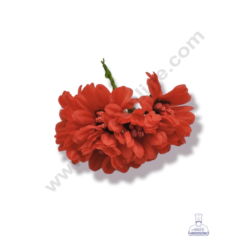Cake Decor  Medium Sunflower  With Pollen Bunch of  6 Pcs  Red
