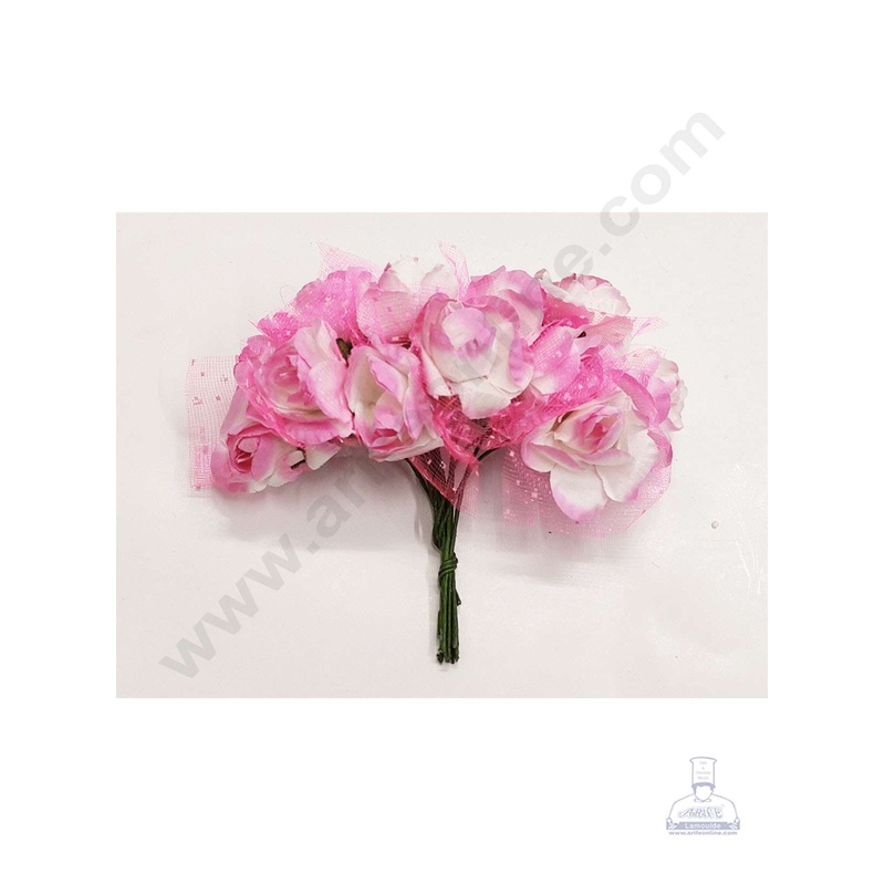 Cake Decor Small Rose Artificial Flower Bunch For Cake Decoration  White Pink ( 1 Bunch )