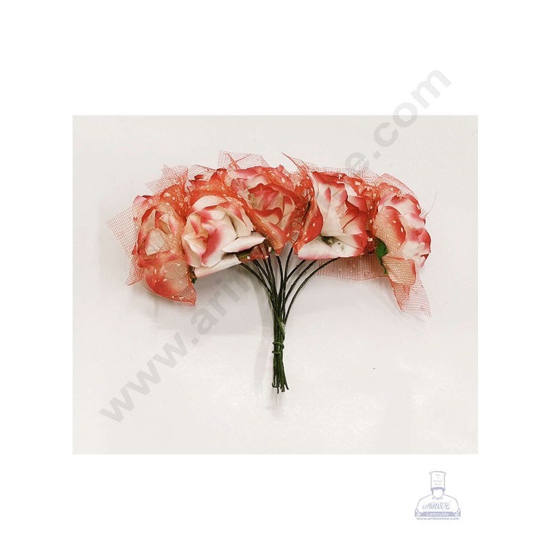 Cake Decor Small Rose Artificial Flower Bunch For Cake Decoration  White Red ( 1 Bunch )