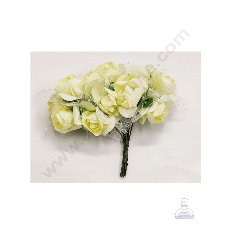 Cake Decor Small Rose Artificial Flower Bunch For Cake Decoration  White Yellow ( 1 Bunch )