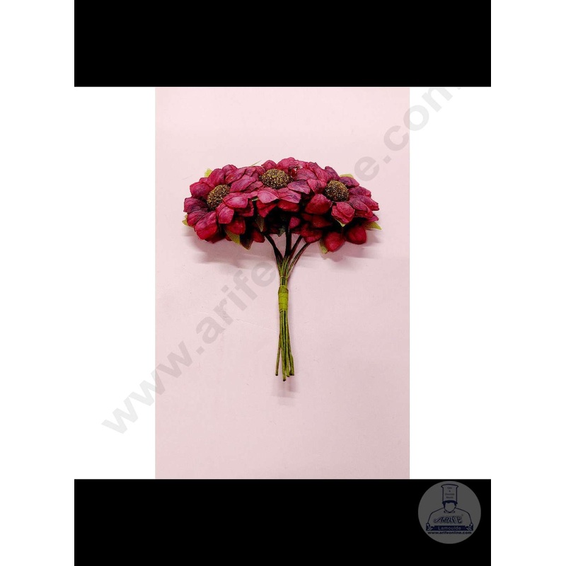 Cake Decor  Small Sunflower Artificial Flower Bunch For Cake Decoration  Red( 6 pc pack )