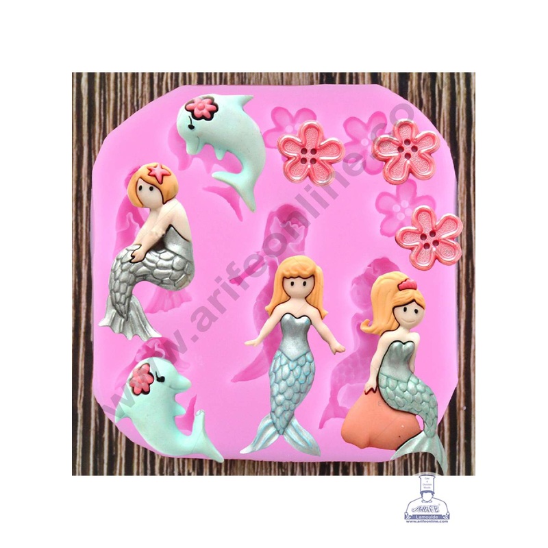 Cake Decor Silicone 8 Cavity Mermaid Tail and Flower Button Shape Pink Fondant Marzipan Mould