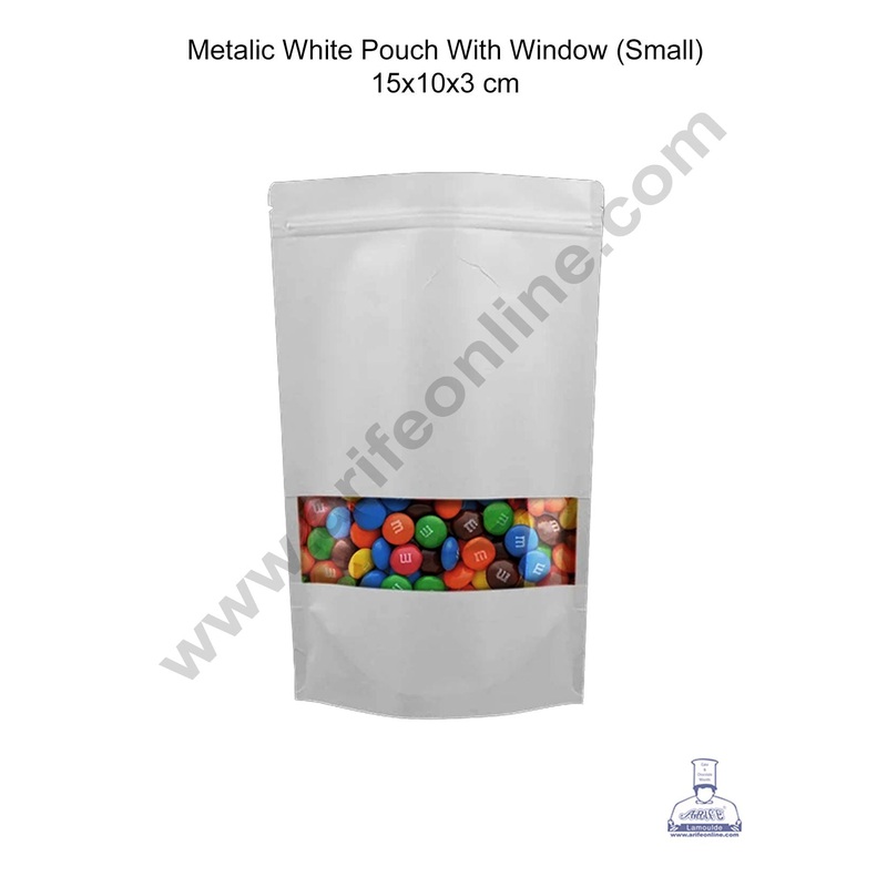 Cake Decor Small Metallic White Aluminum Foil Zipper With Window Pouch (Pack of 10 Pcs)