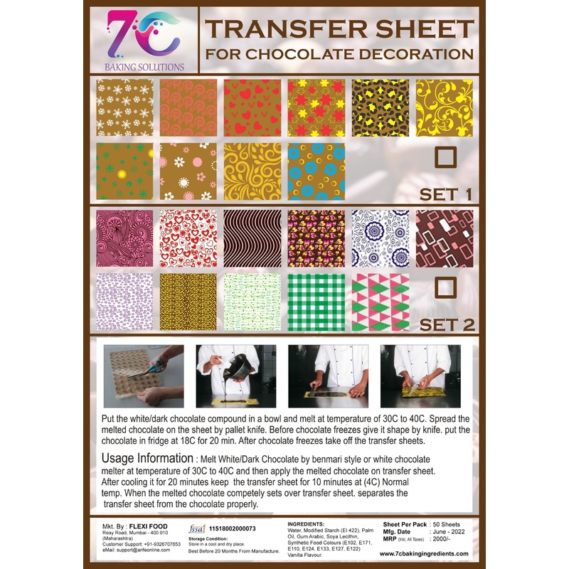 7C Chocolate Transfer Sheet for Decoration 10 Patterns - Total 50 sheets - Set 1