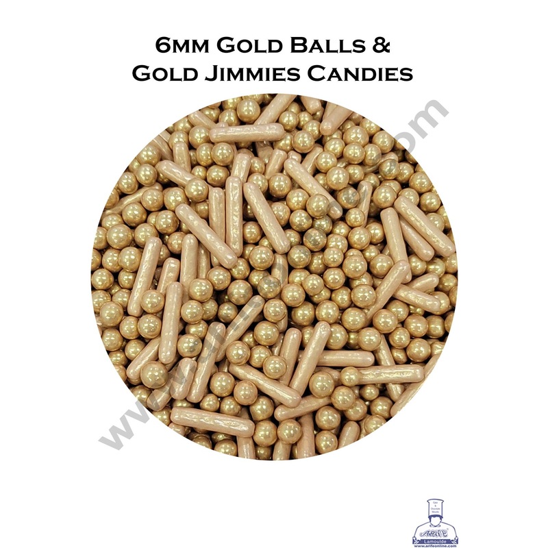Cake Decor Sugar Candy - 6 mm Gold Balls And Gold Long Rod Jimmies - 100 gm
