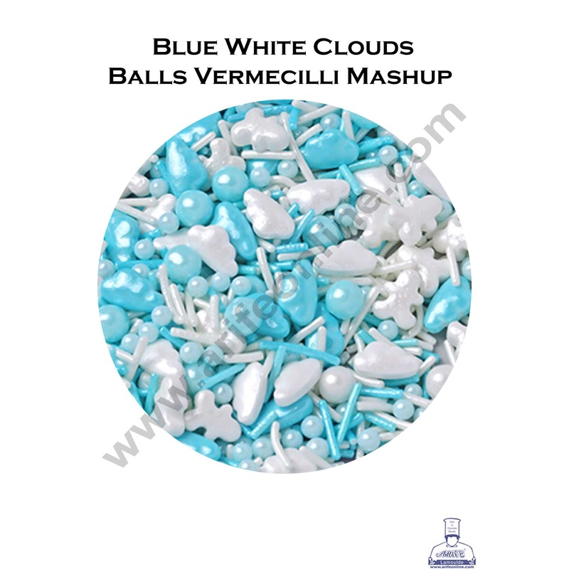 Cake Decor Sugar Candy - Blue White Clouds Balls And Vemecilli Candies - 500 gm