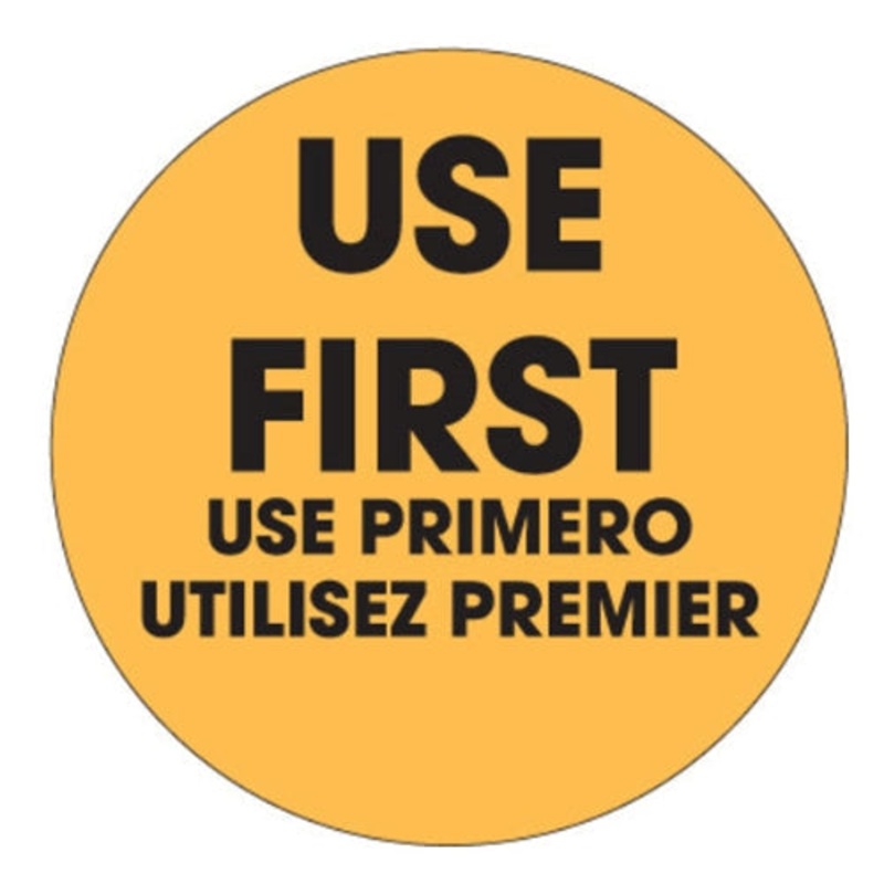Ecolab SupeRemovable Round Label, "Use First", 2", Orange, English/French/Spanish (500-pack)