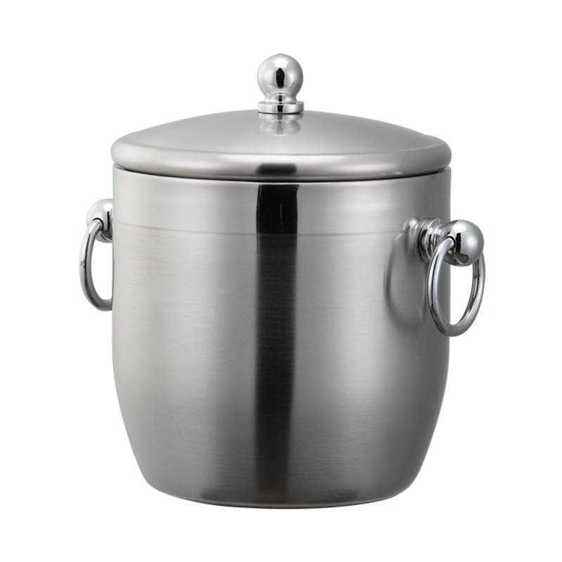 Service Ideas Round Double Wall Ice Bucket with Lid & Tongs, 1.3 L, Stainess Steel