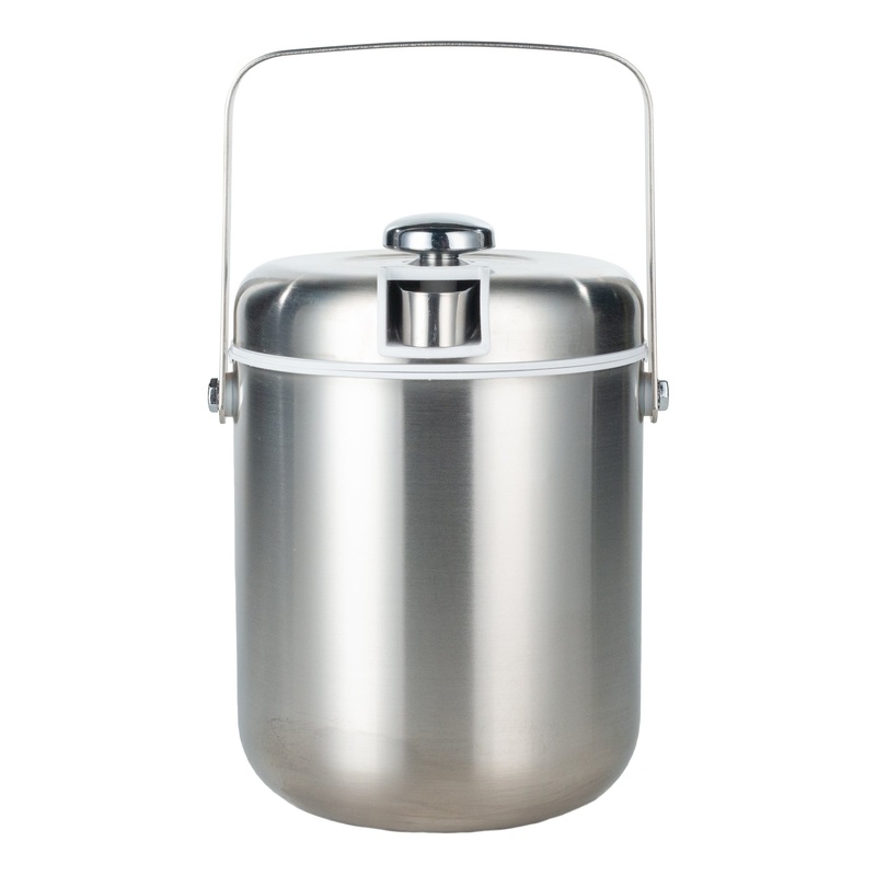 Service Ideas Round Double Wall Ice Bucket with Lid & Tongs, Plastic Liner, 1.5 L, Stainles Steel