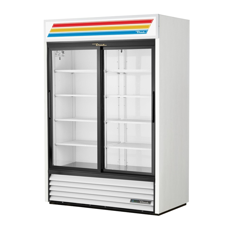 True Glass Double Sliding Door Merchandiser Refrigerator, 47 CuFt, White, 115/60/1