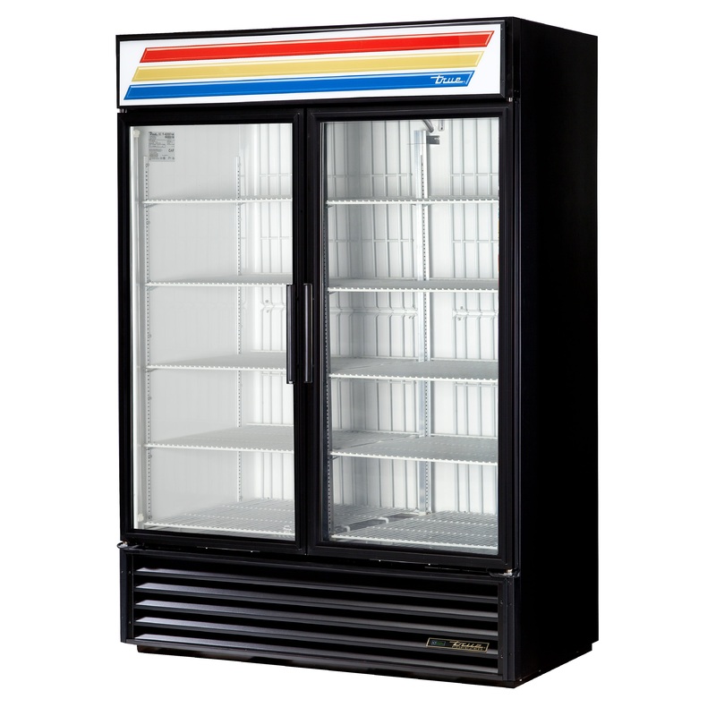 True Glass Double Swing Door Merchandiser Freezer, 49 CuFt, Black, 115/60/1