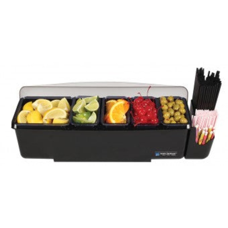 San Jamar Dome Garnish Center, 1 x 2 qt Tray, 4 x 1 pt Tray, 2 Snap-On Caddies