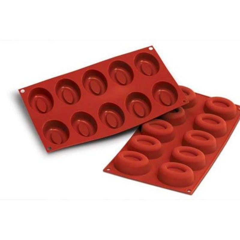Silikomart Oval Savarin Mold, 10 Wells, 2 oz, Red Silicone