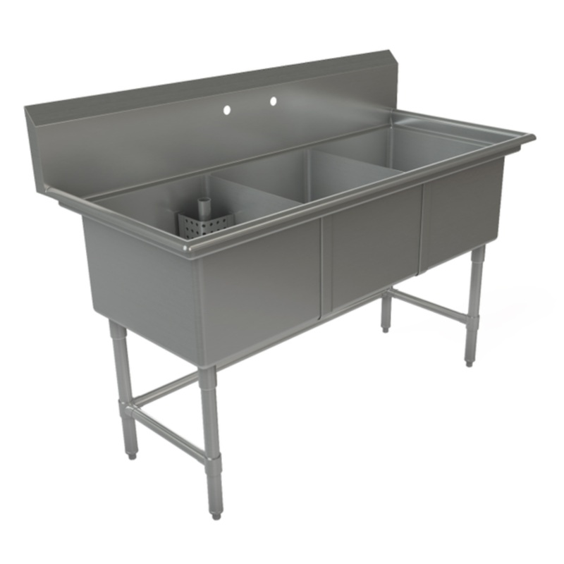 Tarrison Triple Comparment Corner Drain Sink, 21" x 18" x 13" Bowl Size, Stainless Steel