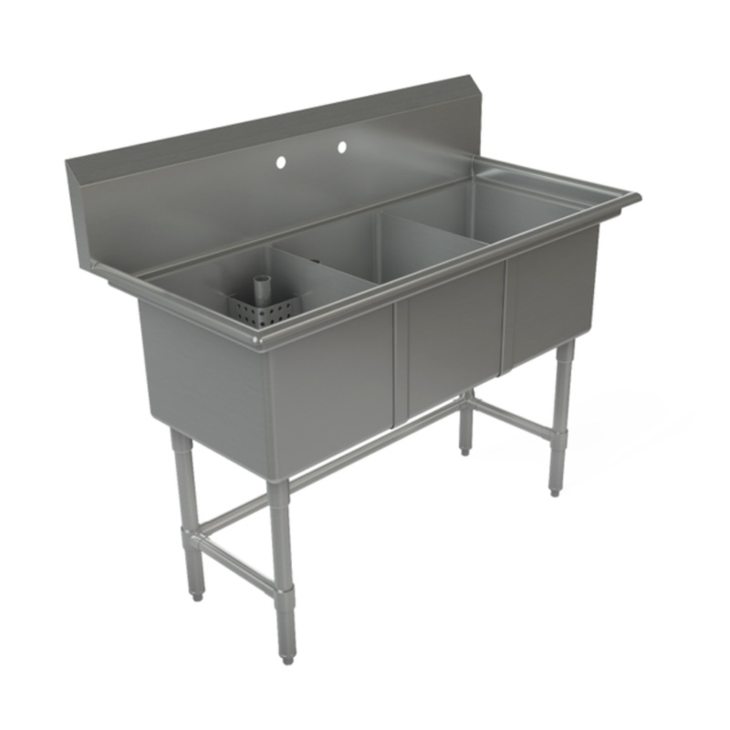 Tarrison Triple Compartment Corner Drain Sink, 18" x 15" x 13" Bowl Size, Stainless Steel