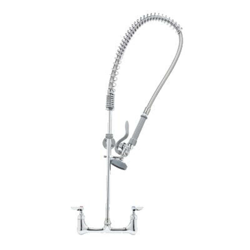 T&S EasyInstall 8" Wall Mount Pre-Rinse Faucet, 44" Flexible Hose, Lever Handles, 1/2" NPT Male Inlets