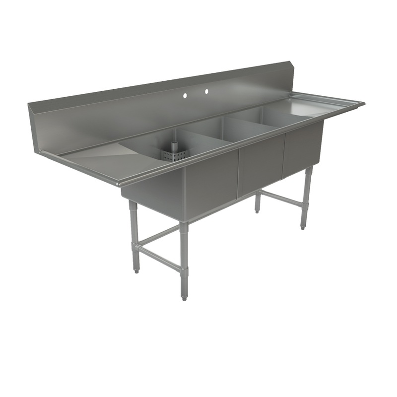 Tarrison Triple Compartment Corner Drain Sink, Right & Left Drain Board, Stainless Steel
