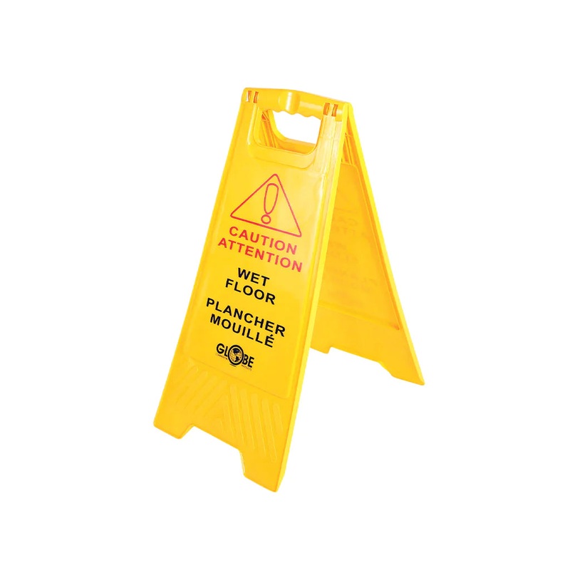 Globe Caution Wet Floor Sign, Two Sided, Bilingual, Yellow