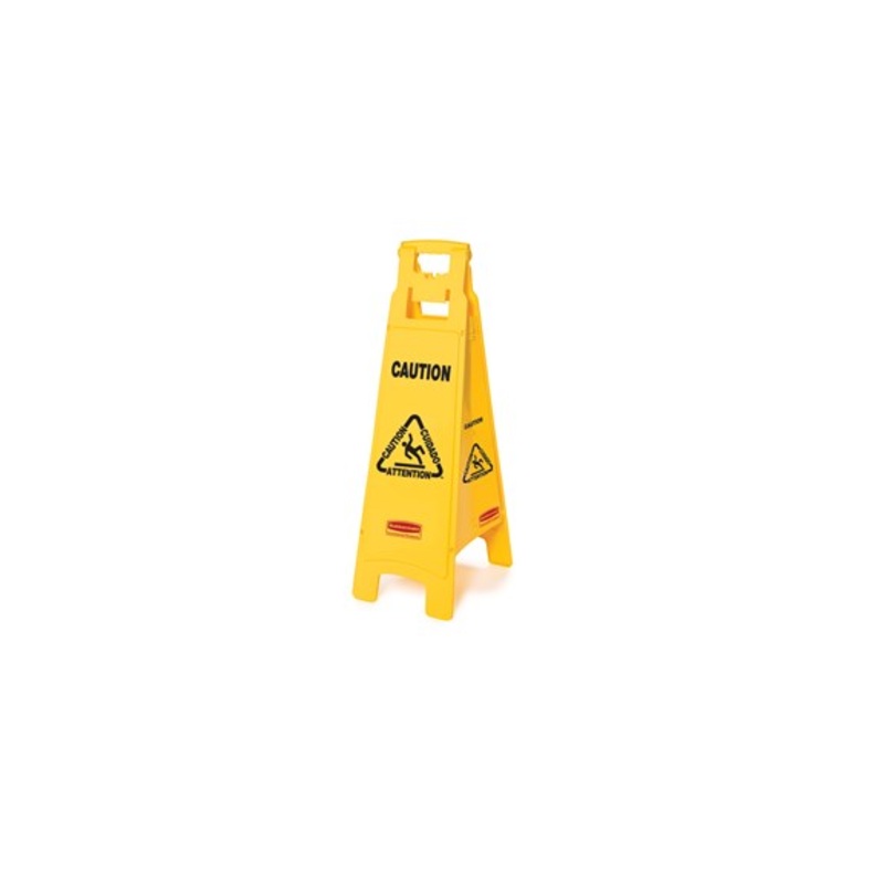 Rubbermaid Floor Caution Sign, Multilingual, 4 Sided, Yellow, FINAL SALE