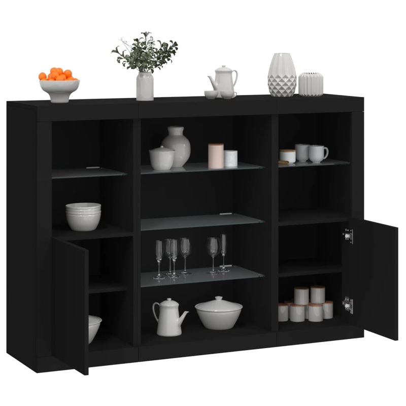 Buffets avec lumires LED 3 pcs noir bois d'ingnierie