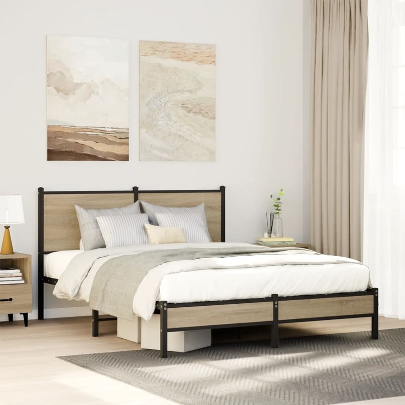 Cadre de lit en mtal sans matelas chne sonoma 137x190 cm