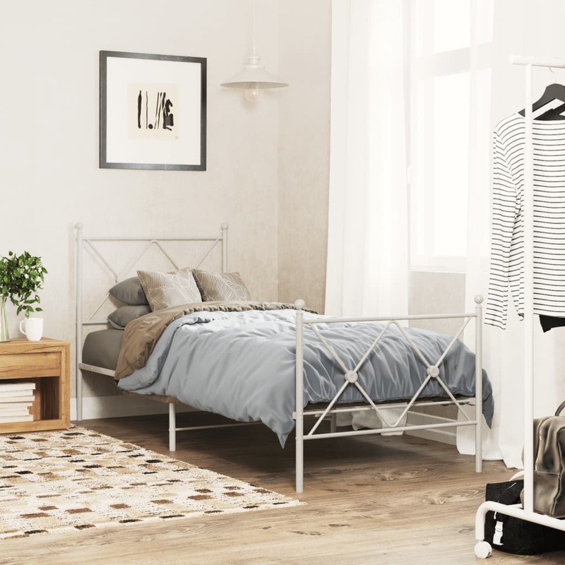 Cadre de lit mtal sans matelas avec pied de lit blanc 75x190cm