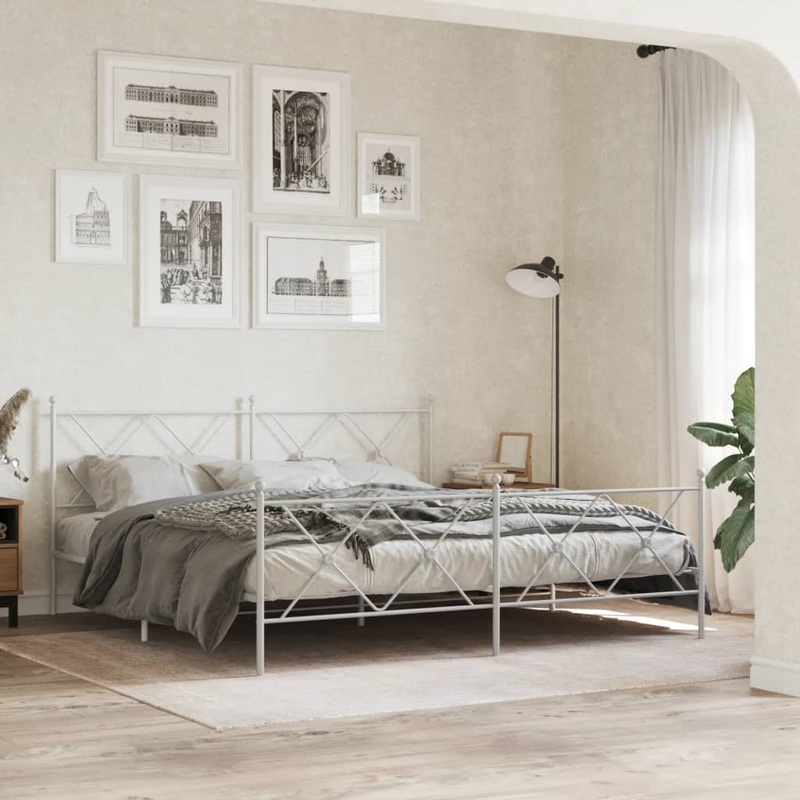 Cadre de lit mtal sans matelas et pied de lit blanc 183x213 cm