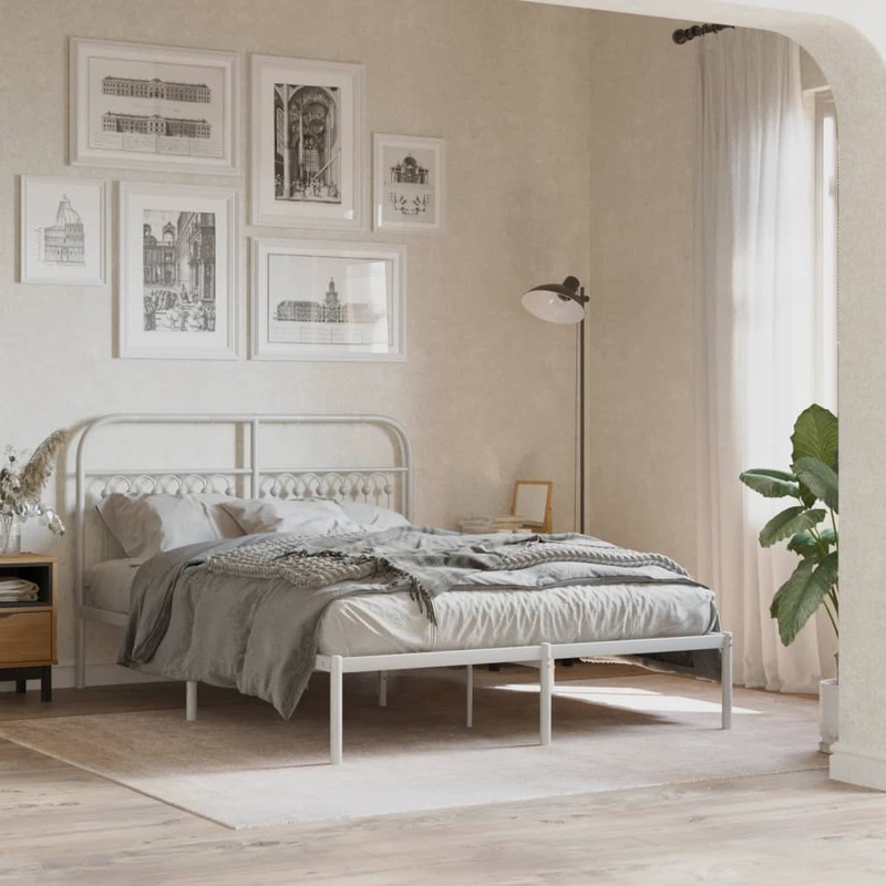 Cadre de lit mtal sans matelas et tte de lit blanc 135x190 cm