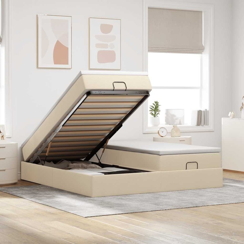 Cadre de lit ottoman avec matelas crme 200x200cm tissu