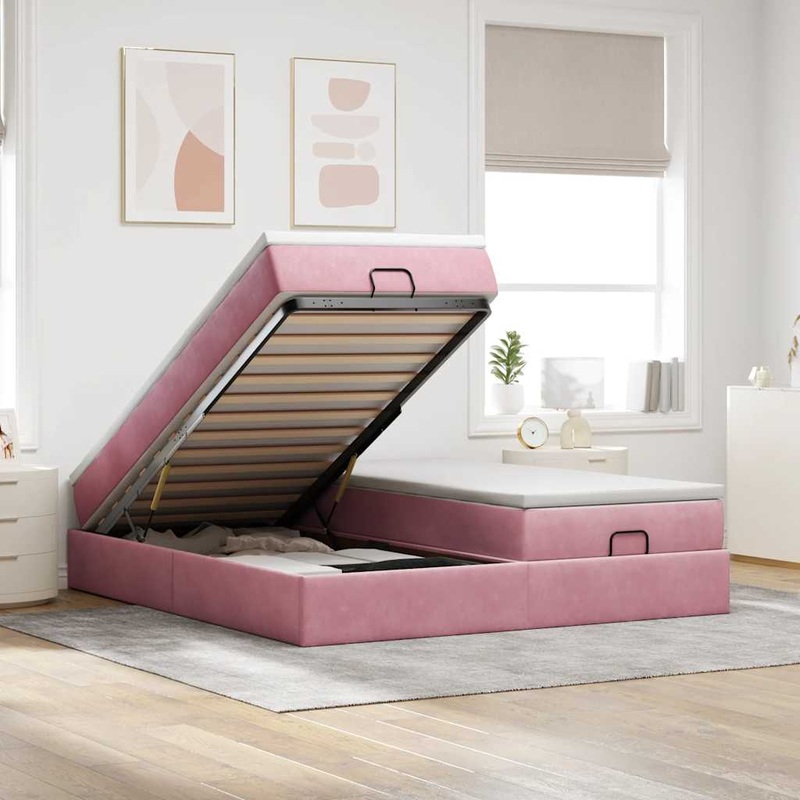 Cadre de lit ottoman avec matelas rose 200x200 cm velours