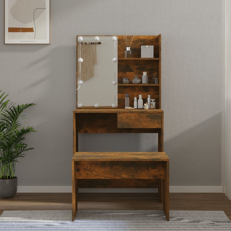 Ensemble de coiffeuse avec LED Chne fum Bois d'ingnierie