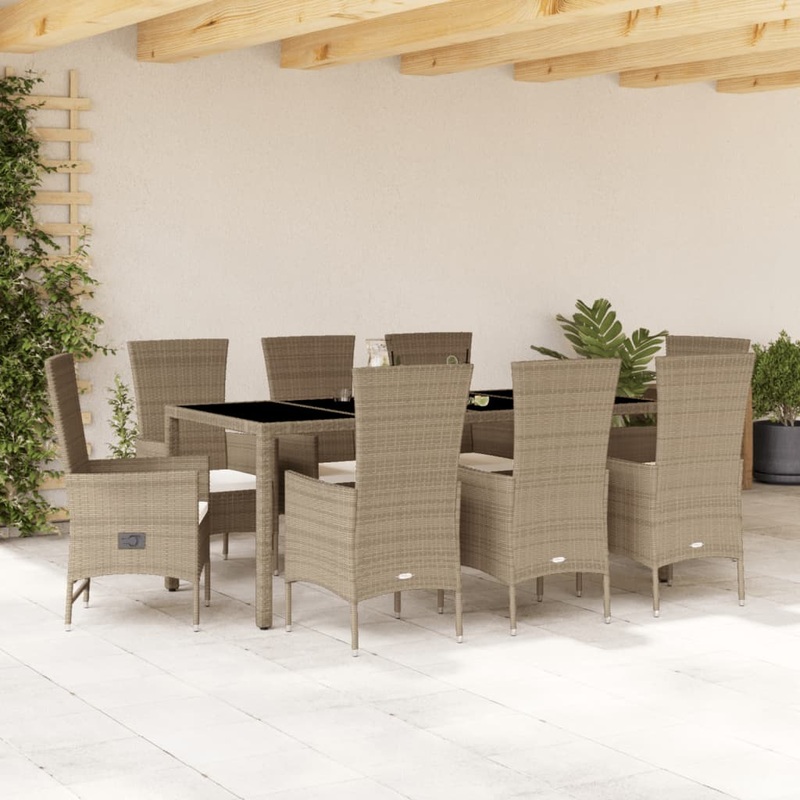 Ensemble  manger de jardin et coussins 9 pcs beige Poly rotin