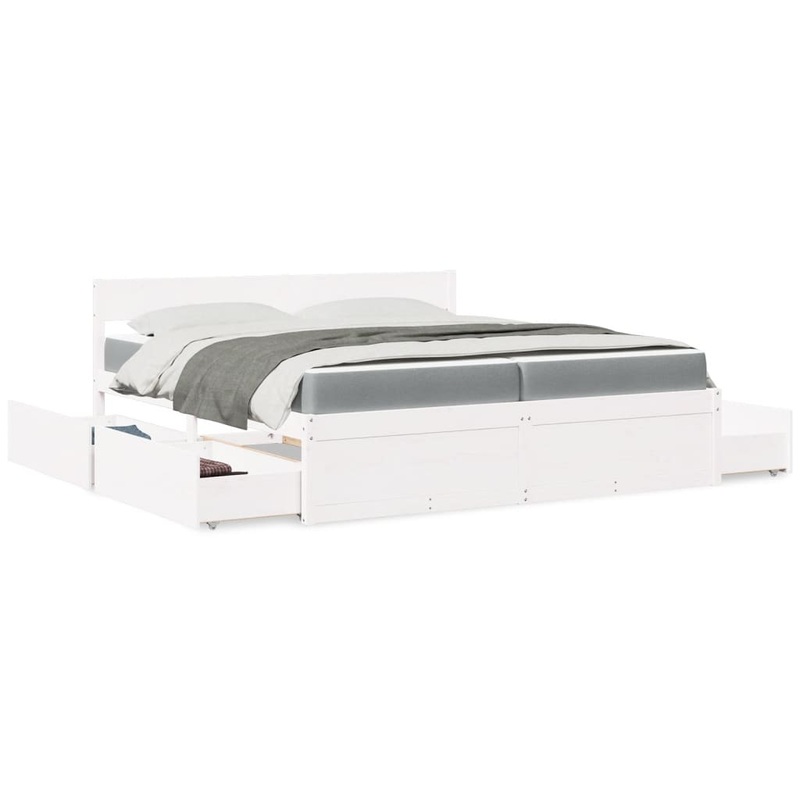 Lit avec tiroirs et matelas blanc 200x200 cm bois massif de pin