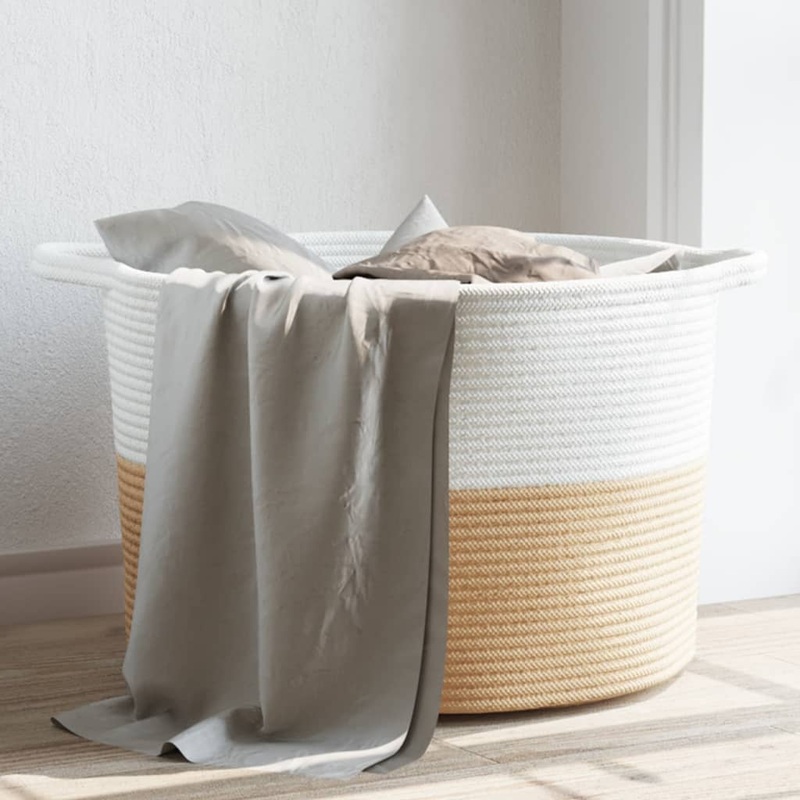 Panier  linge beige et blanc 55x36 cm coton