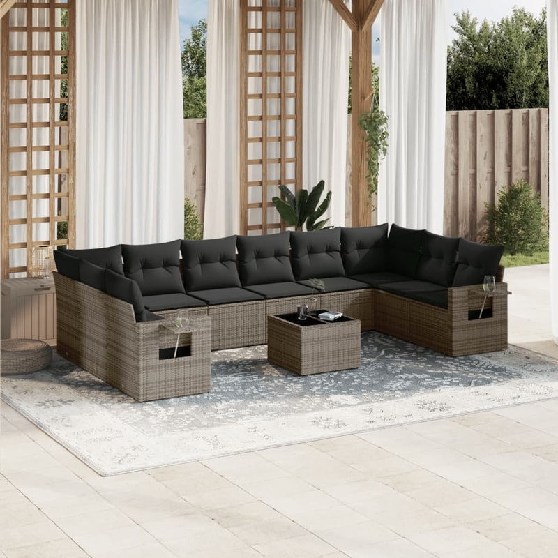 Salon de jardin 11 pcs avec coussins gris rsine tresse