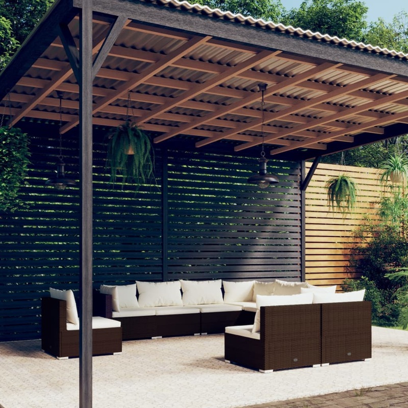 Salon de jardin 9 pcs avec coussins rsine tresse marron