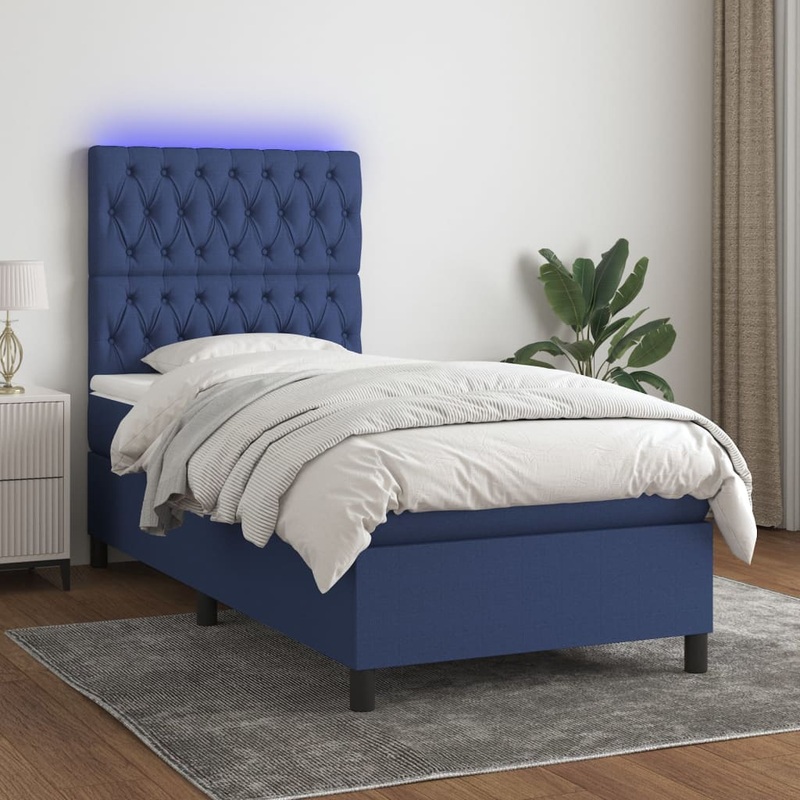 Sommier  lattes de lit avec matelas et LED Bleu 90x200cm Tissu